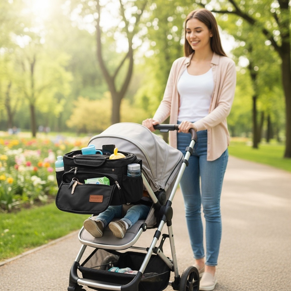 Momcozy Stroller Caddy Organizer With Cup Holders Black